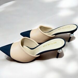 Kaitlyn Pan Two Toned Leather and Fabric Mules with Pearl size 9.5